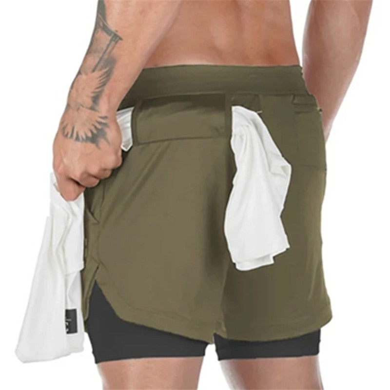 Men's 2-in-1 Running Workout Shorts Gym Training Athletic Short Pants with Towel Loop