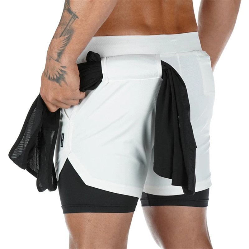 2 in 1 Mens Running Compression Shorts Gym Sports Training Workout
