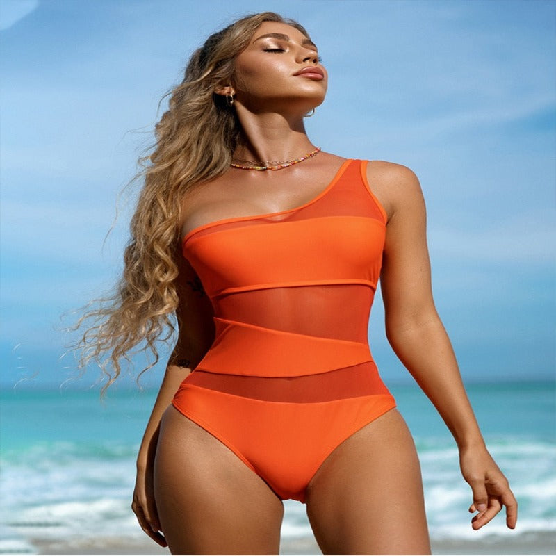 Women's Sexy One Piece Bathing Suits One Shoulder Swimsuits Slimming Mesh Swimwear
